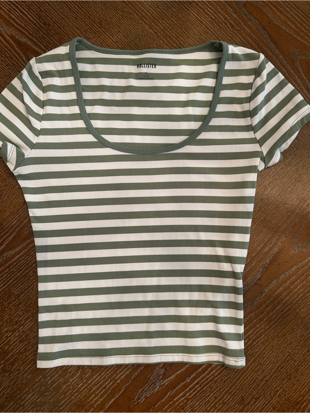 Hollister Olive Green and White Striped Scoop Neck Tee